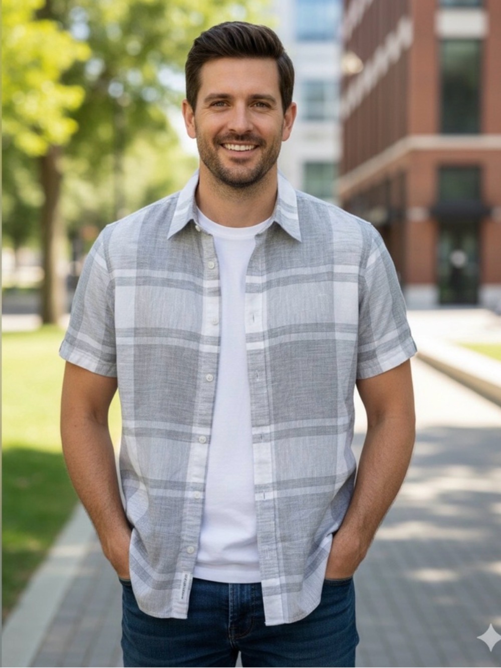 Calvin Klein Linen Cotton Blend Plaid Short Sleeve Button Down Shirt Gray Large
